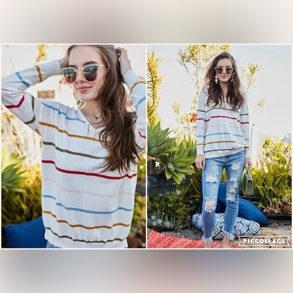 Main Strip Striped Lightweight V-Neck Sweater, White & Multi Color Stripes, M